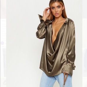 Khaki Extreme Cowl Longline Satin Shirt